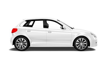White sedan car profile view, representing car wash services offered by Mr. Shine, highlighting exterior cleaning options.
