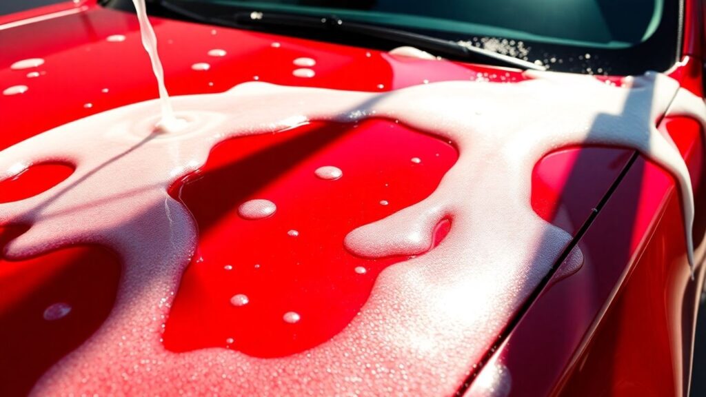 Red car hood covered in soap suds during a wash, illustrating the use of Turtlewax Zipwax for cleaning and protecting vehicles.