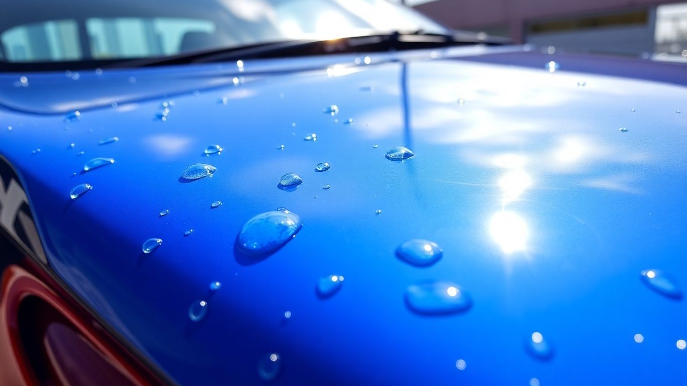 Close-up of a blue car hood with water droplets glistening, highlighting the shine and cleanliness, emphasizing professional car detailing and maintenance.