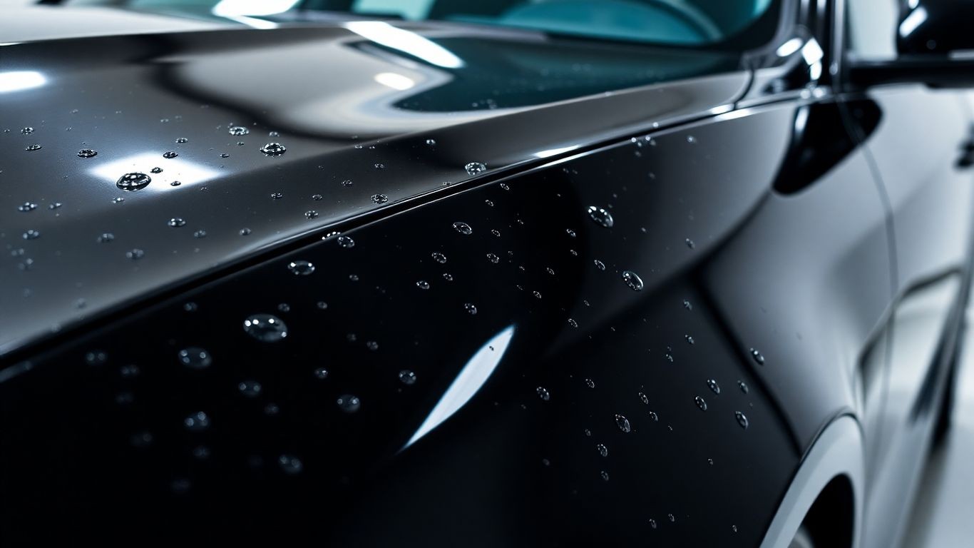 Close-up of a black car's glossy surface with water droplets, showcasing the effects of premium detailing and protective sealant.