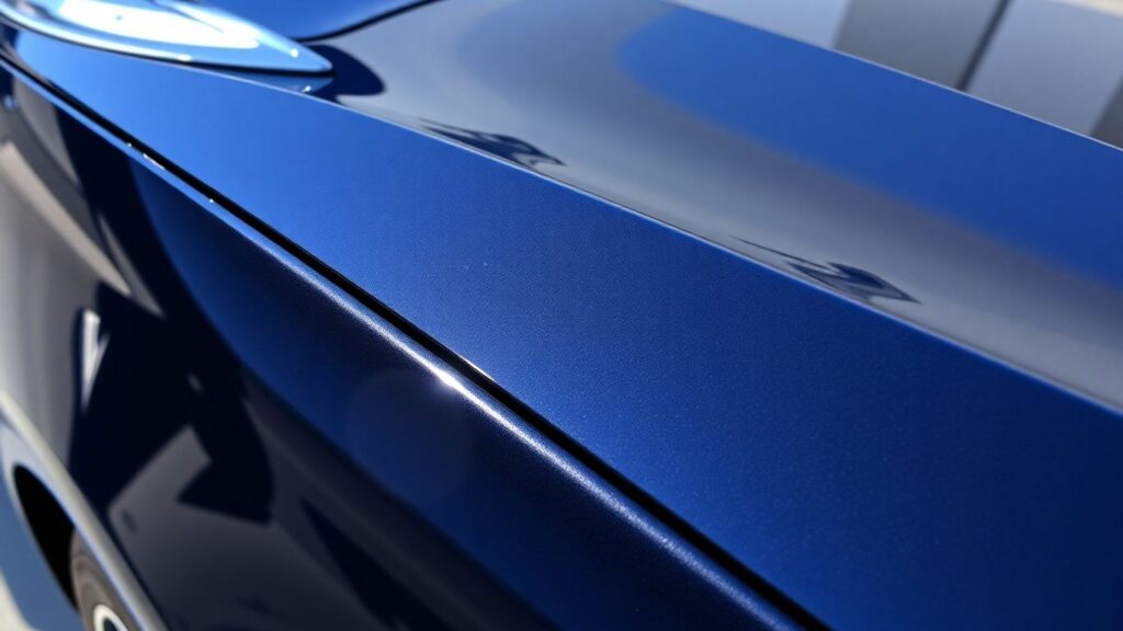 Close-up of a polished blue car surface reflecting light, showcasing a flawless finish, emphasizing the importance of professional car detailing and paint correction.