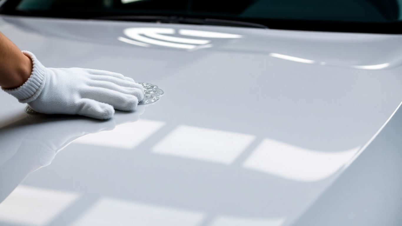 Person in white glove applying wax to a shiny car hood, emphasizing car detailing and protection techniques.