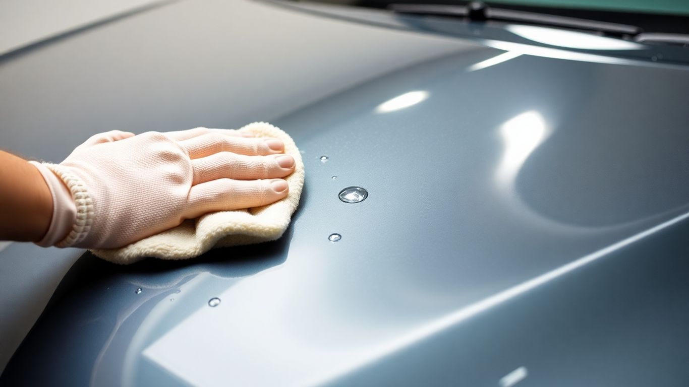 Person applying car detailing techniques with a microfiber cloth on a shiny vehicle surface, showcasing expert car care for a showroom finish.