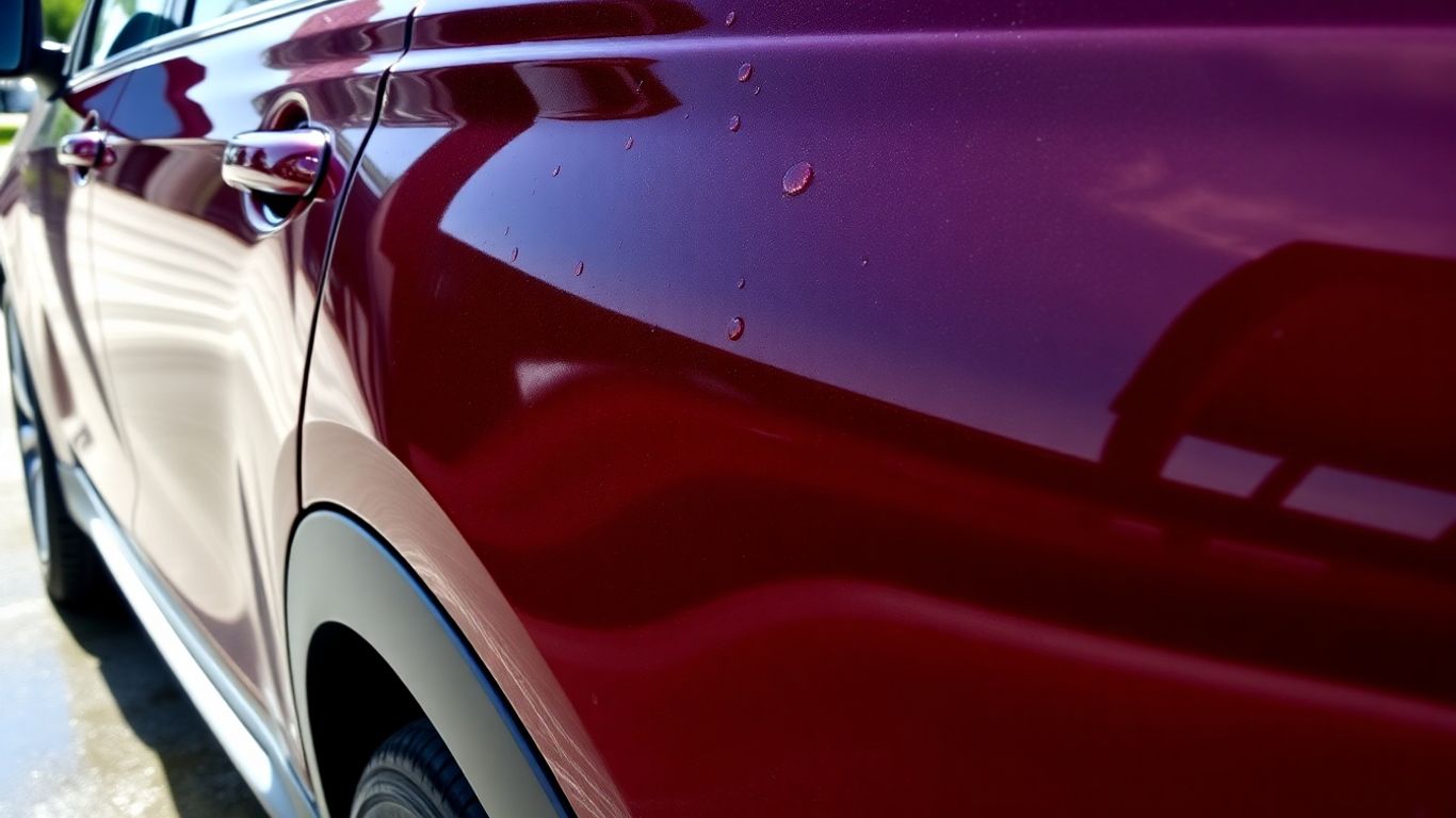 Close-up of a shiny maroon car exterior with water droplets, showcasing expert car detailing for a showroom finish.